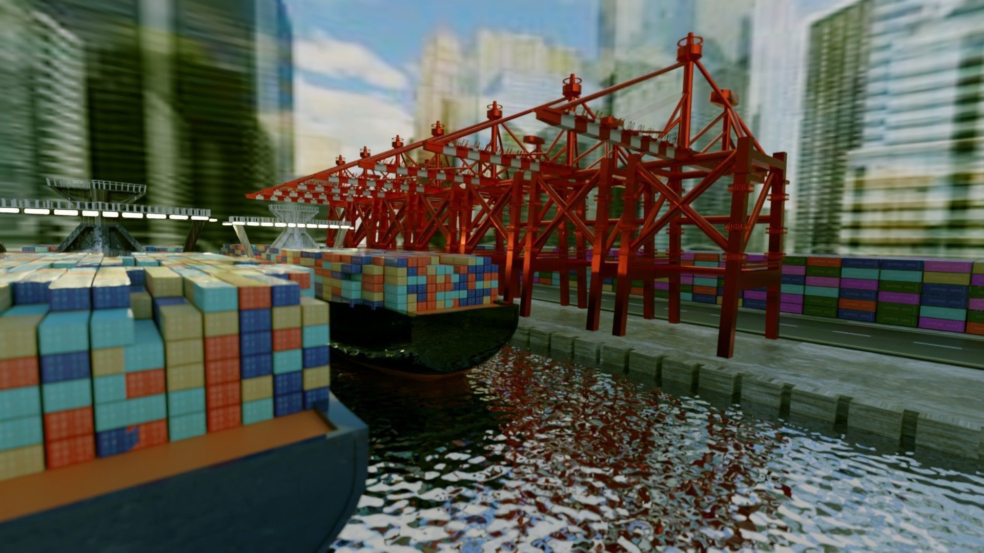 Realistic Port Terminal with cargo-container 3D model_2
