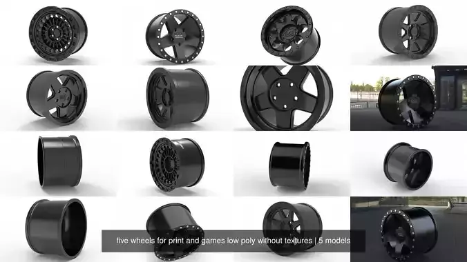 five wheels for print and games low poly without textures 3D Model Collection