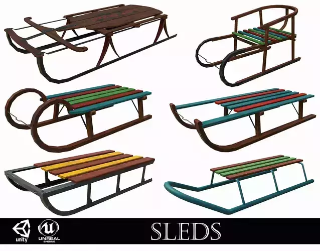 Christmas Set of 6 Old Wooden Sleds Low-poly 3D model