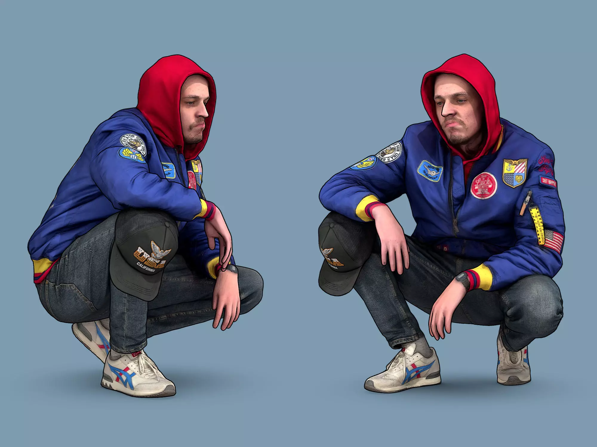 Cheeky Guy in a Blue Bomber Jacket Squatting Low-poly 3D model_0
