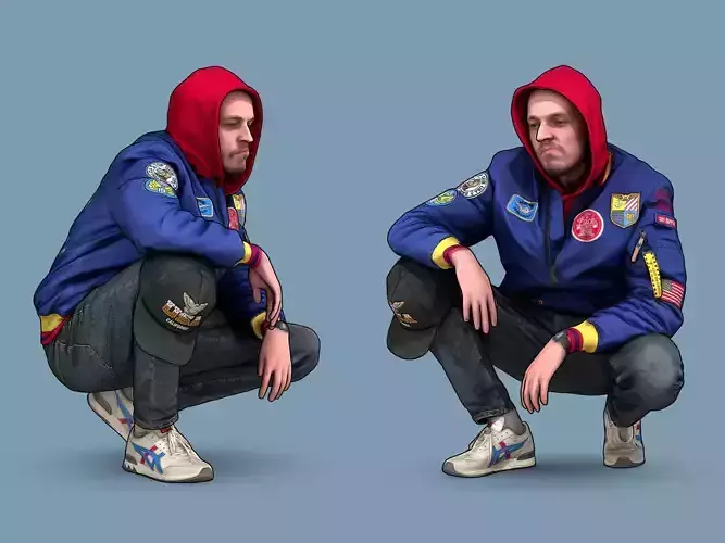 Cheeky Guy in a Blue Bomber Jacket Squatting Low-poly 3D model