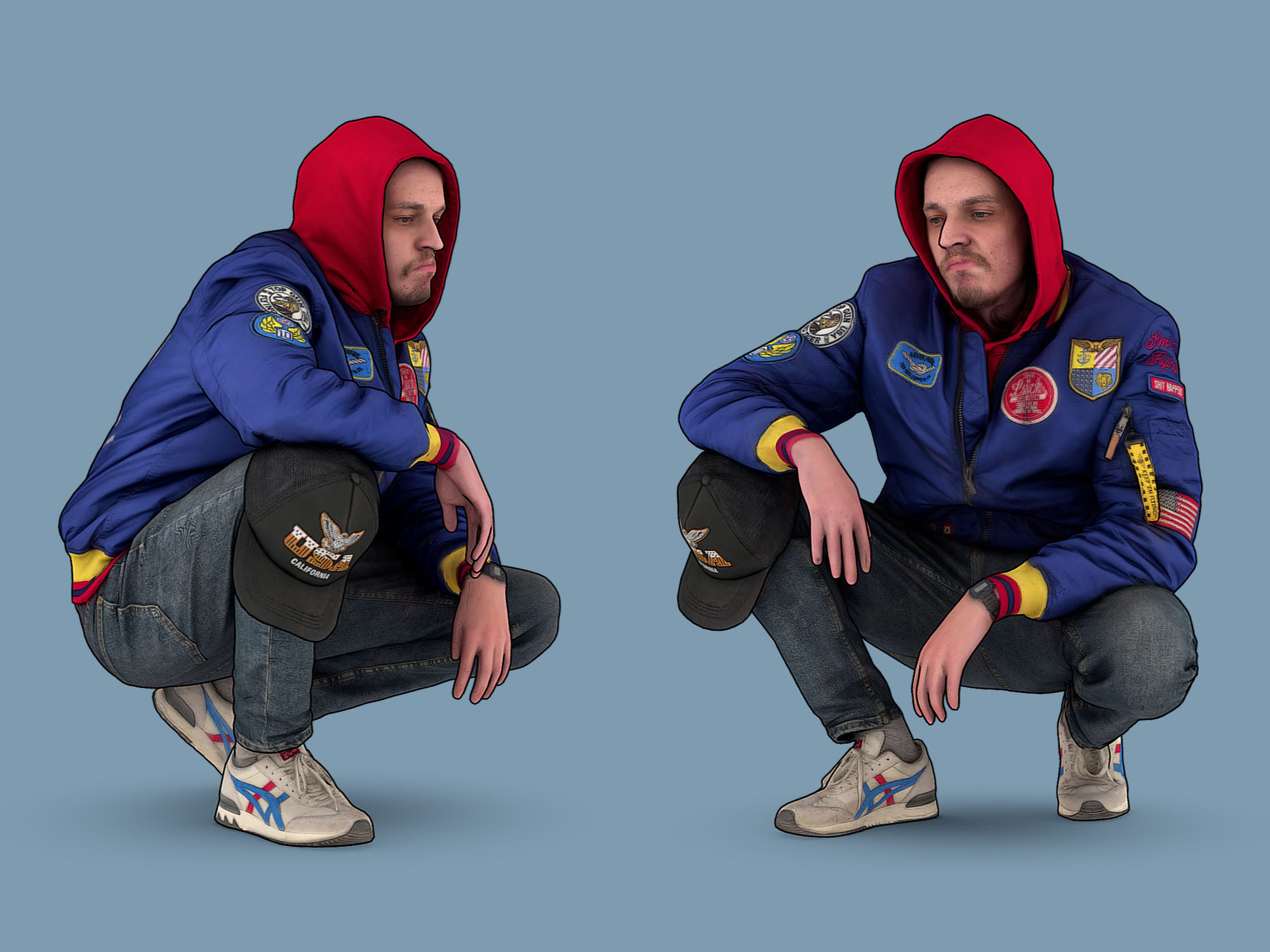 Cheeky Guy in a Blue Bomber Jacket Squatting Low-poly 3D model_1