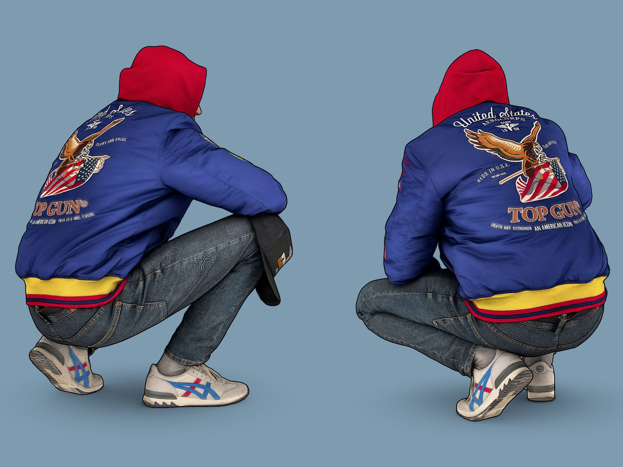 Cheeky Guy in a Blue Bomber Jacket Squatting Low-poly 3D model_4