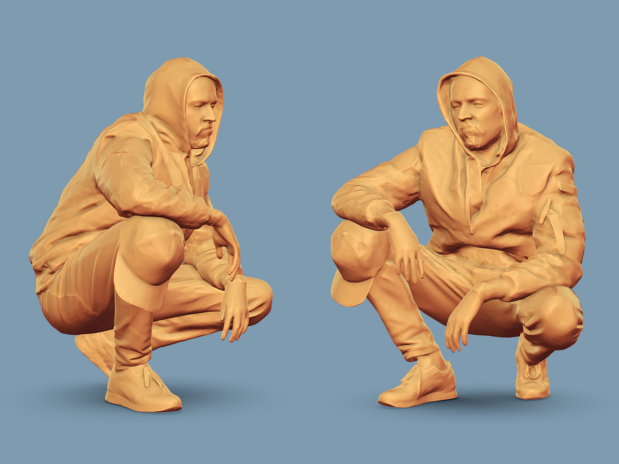 Cheeky Guy in a Blue Bomber Jacket Squatting Low-poly 3D model_2