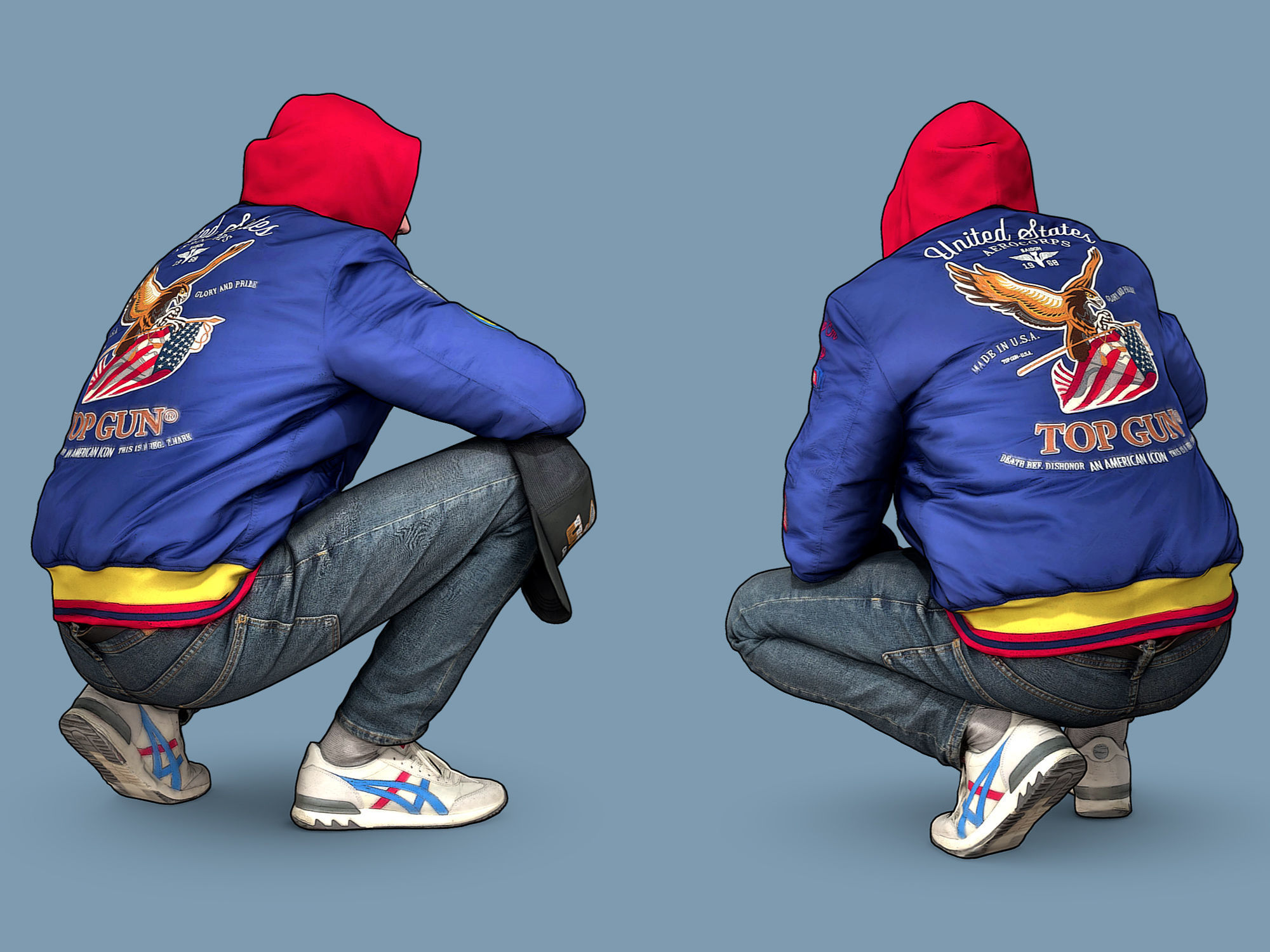 Cheeky Guy in a Blue Bomber Jacket Squatting Low-poly 3D model_3