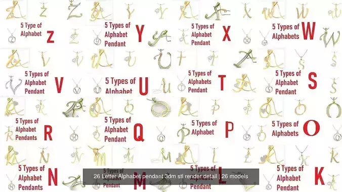 5 Types of 26 Letter Alphabet pendant 3dm stl render detail 3D Model Collection