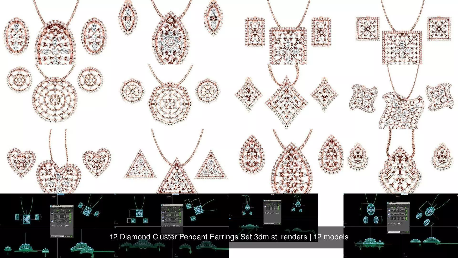 12 Diamond Cluster Pendant Earrings Set 3dm stl renders 3D Model Collection_1