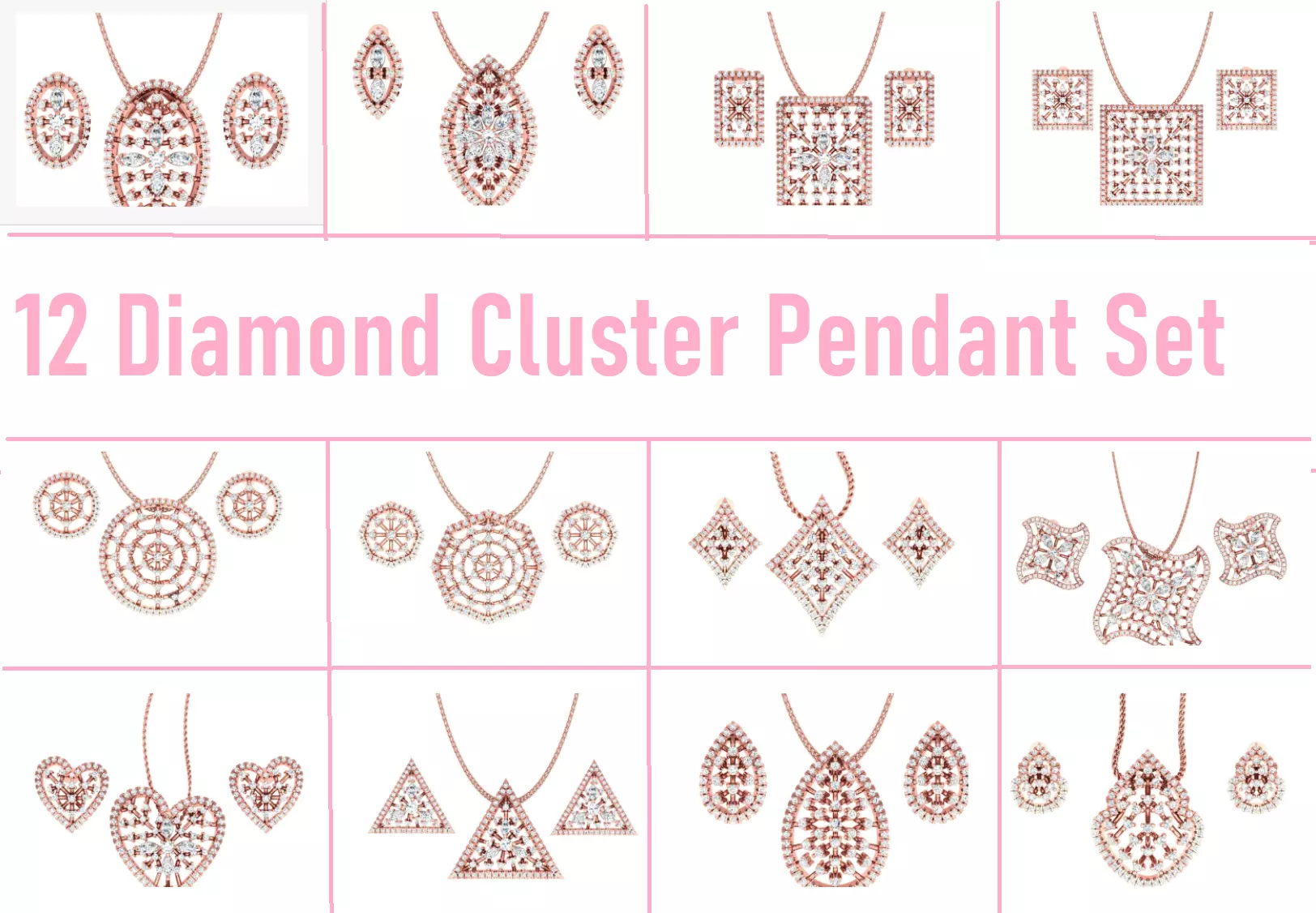 12 Diamond Cluster Pendant Earrings Set 3dm stl renders 3D Model Collection_0