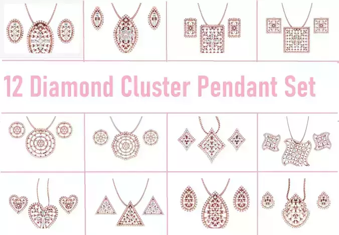 12 Diamond Cluster Pendant Earrings Set 3dm stl renders