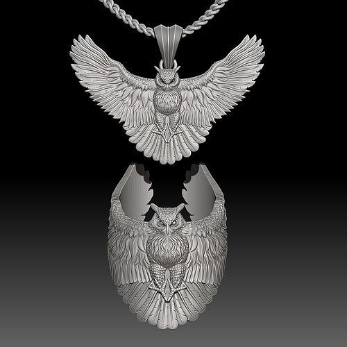 Owl Ring and pendant Sculpture jewelry Gold necklace 3D print model