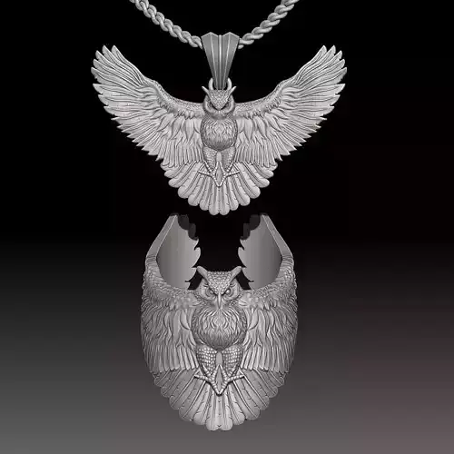 Owl Ring and pendant Sculpture jewelry Gold necklace 3D print model