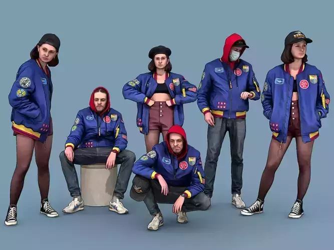 Guy and Girl in blue bomber jacket pack 3D Model Collection