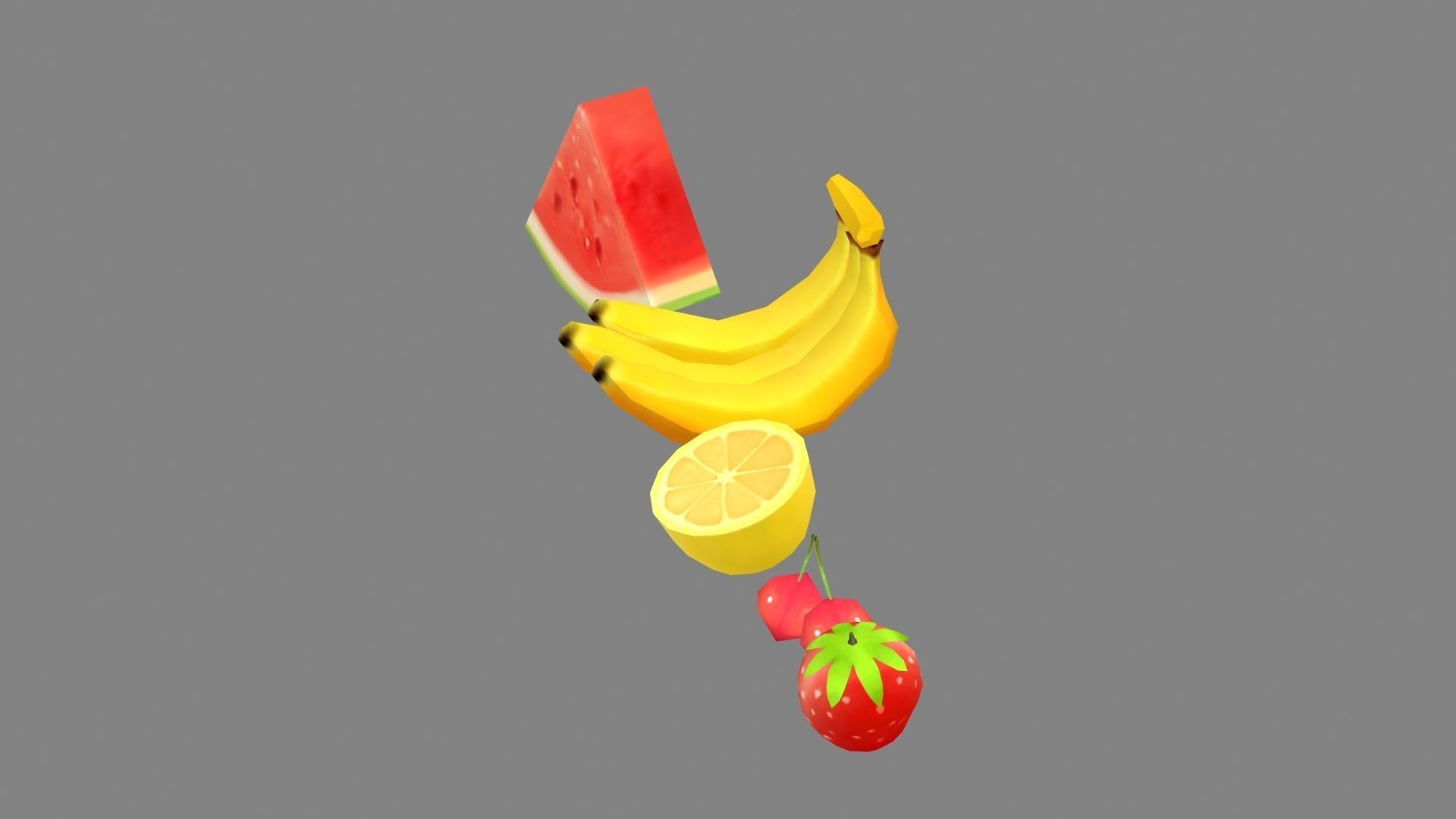 Cartoon fruits-watermelon-banana-lemon-cherry-strawberry Low-poly 3D model_1