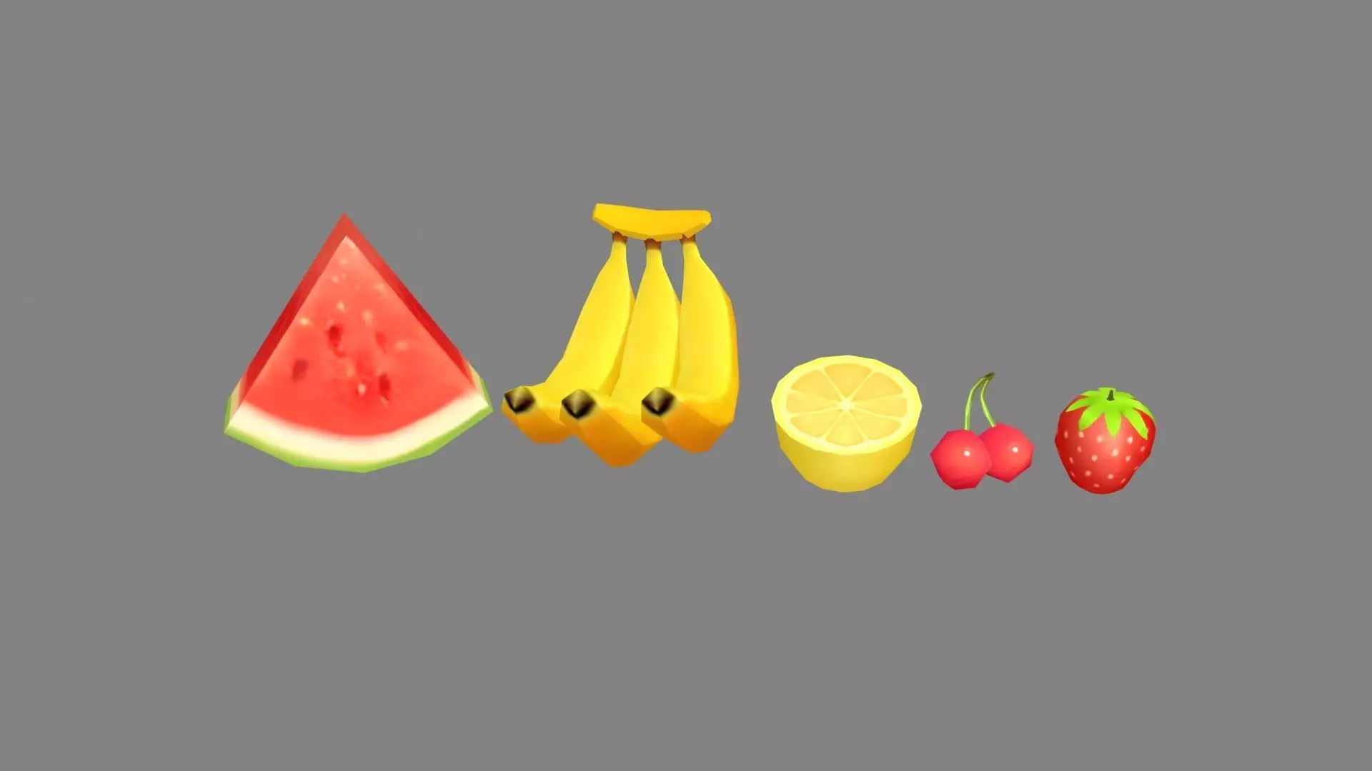 Cartoon fruits-watermelon-banana-lemon-cherry-strawberry Low-poly 3D model_0