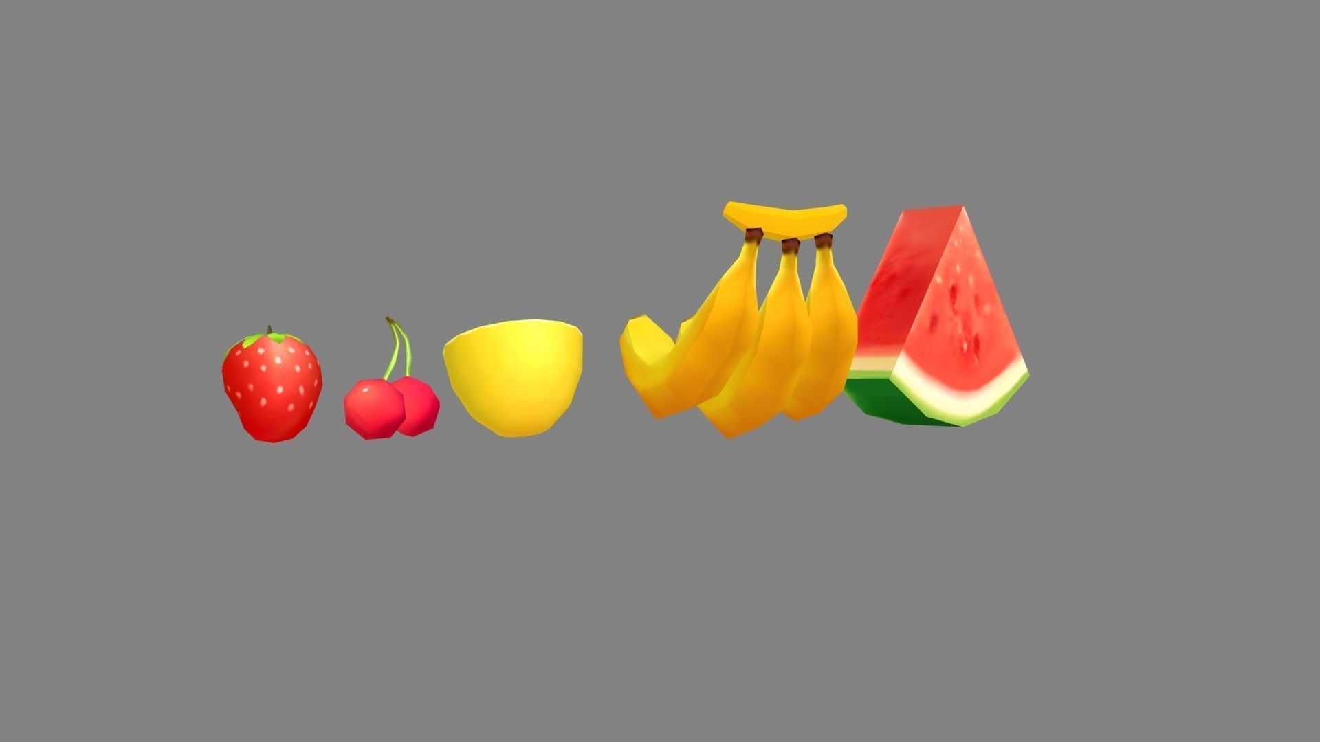 Cartoon fruits-watermelon-banana-lemon-cherry-strawberry Low-poly 3D model_2