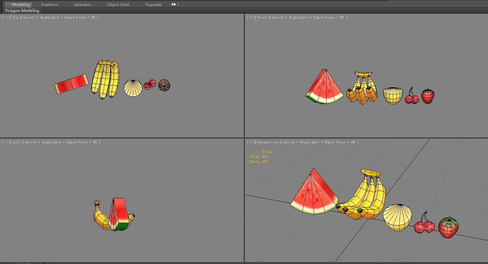 Cartoon fruits-watermelon-banana-lemon-cherry-strawberry Low-poly 3D model_4