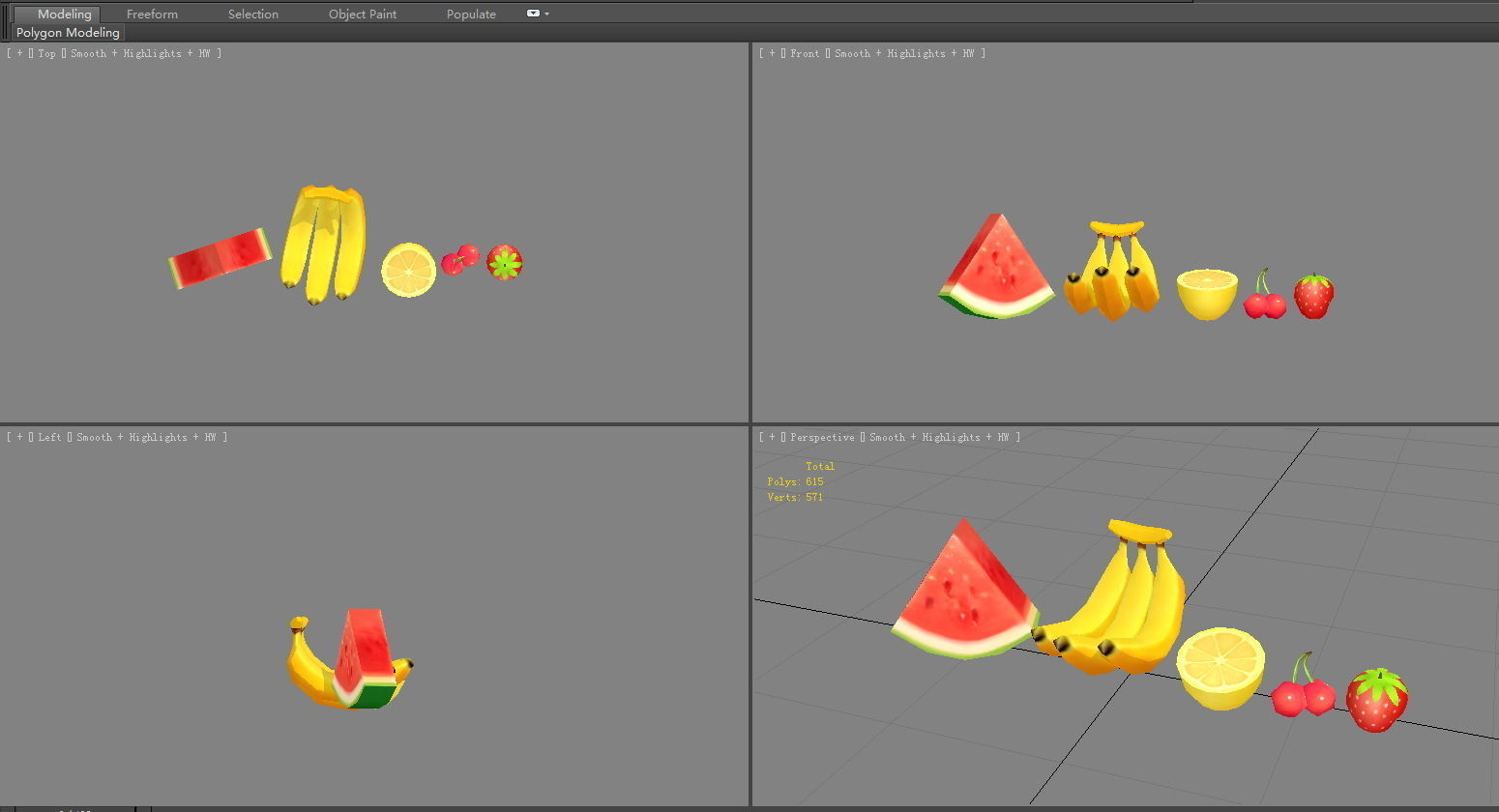 Cartoon fruits-watermelon-banana-lemon-cherry-strawberry Low-poly 3D model_3
