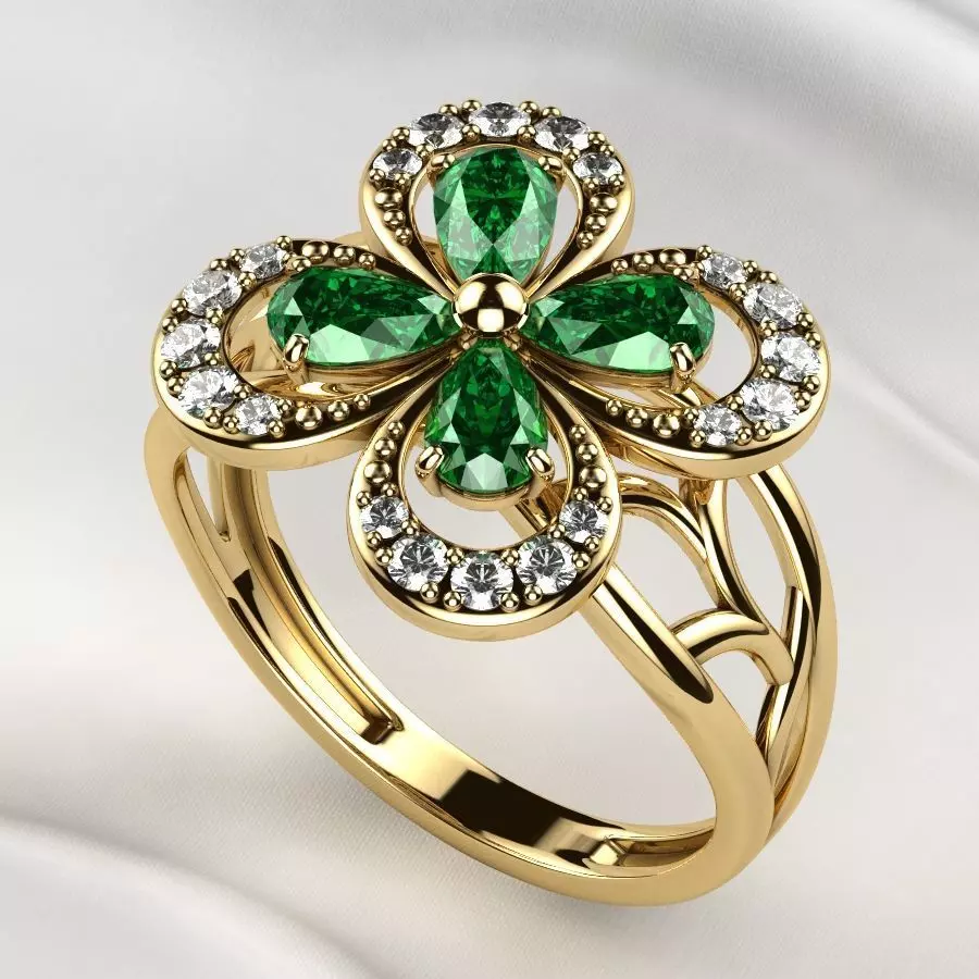 Emeralds Clover Gold Ring 3D print model_0