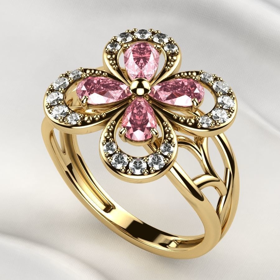 Emeralds Clover Gold Ring 3D print model_3