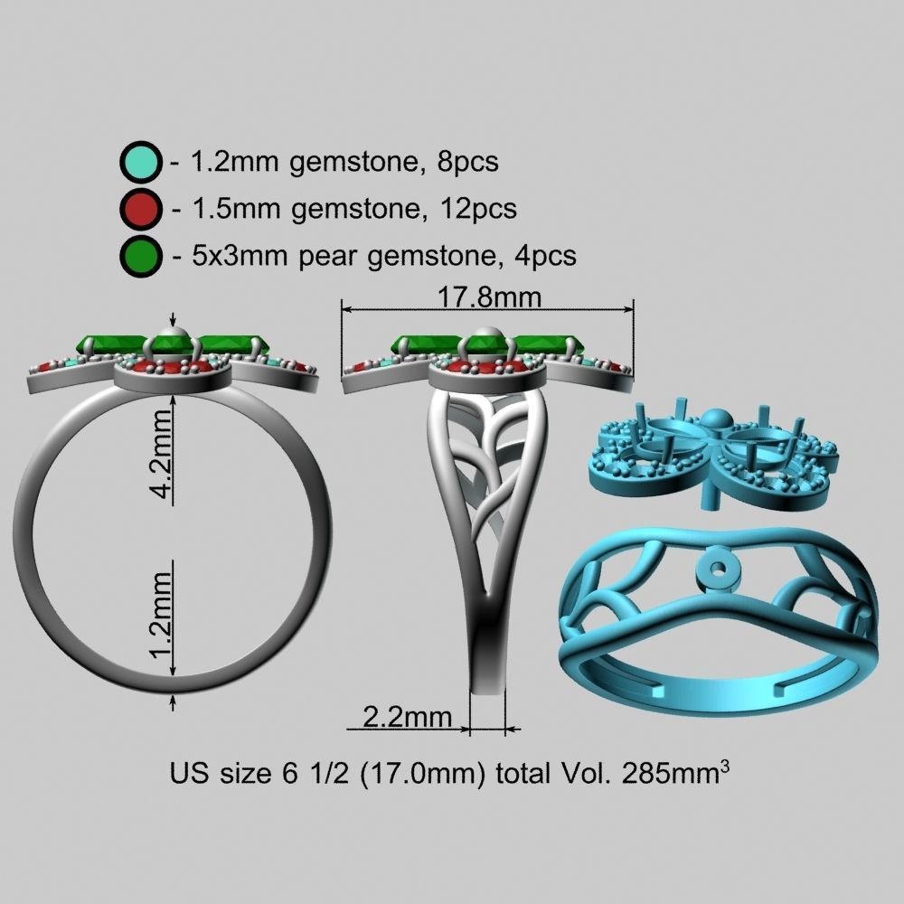 Emeralds Clover Gold Ring 3D print model_21