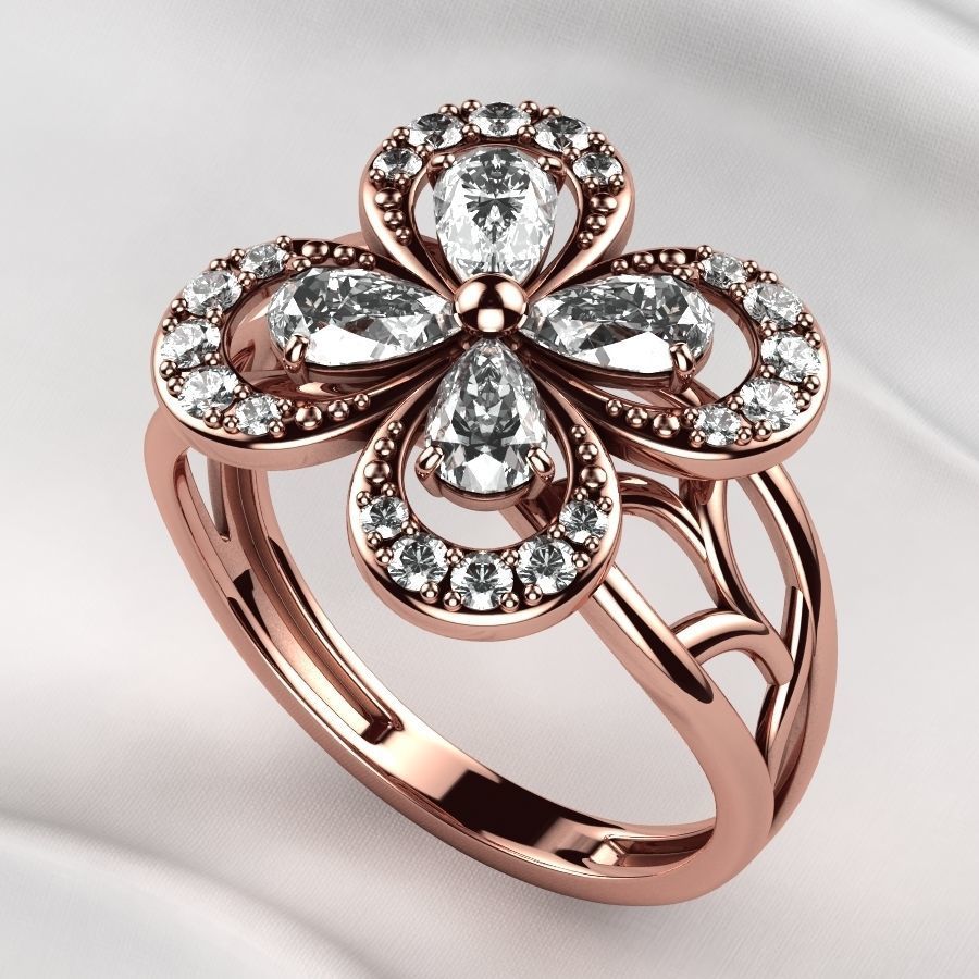 Emeralds Clover Gold Ring 3D print model_5