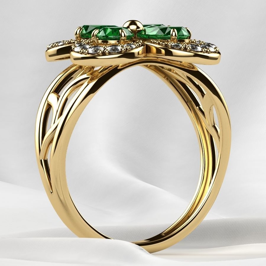 Emeralds Clover Gold Ring 3D print model_16