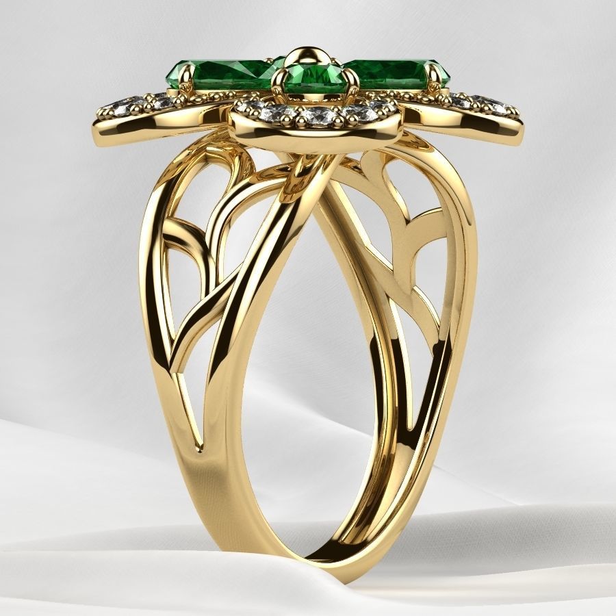 Emeralds Clover Gold Ring 3D print model_18