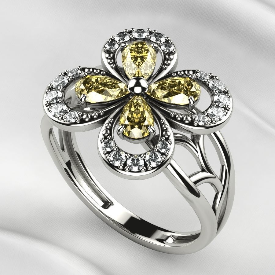 Emeralds Clover Gold Ring 3D print model_10