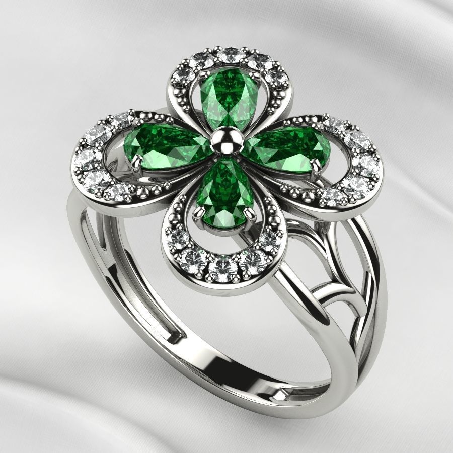 Emeralds Clover Gold Ring 3D print model_8