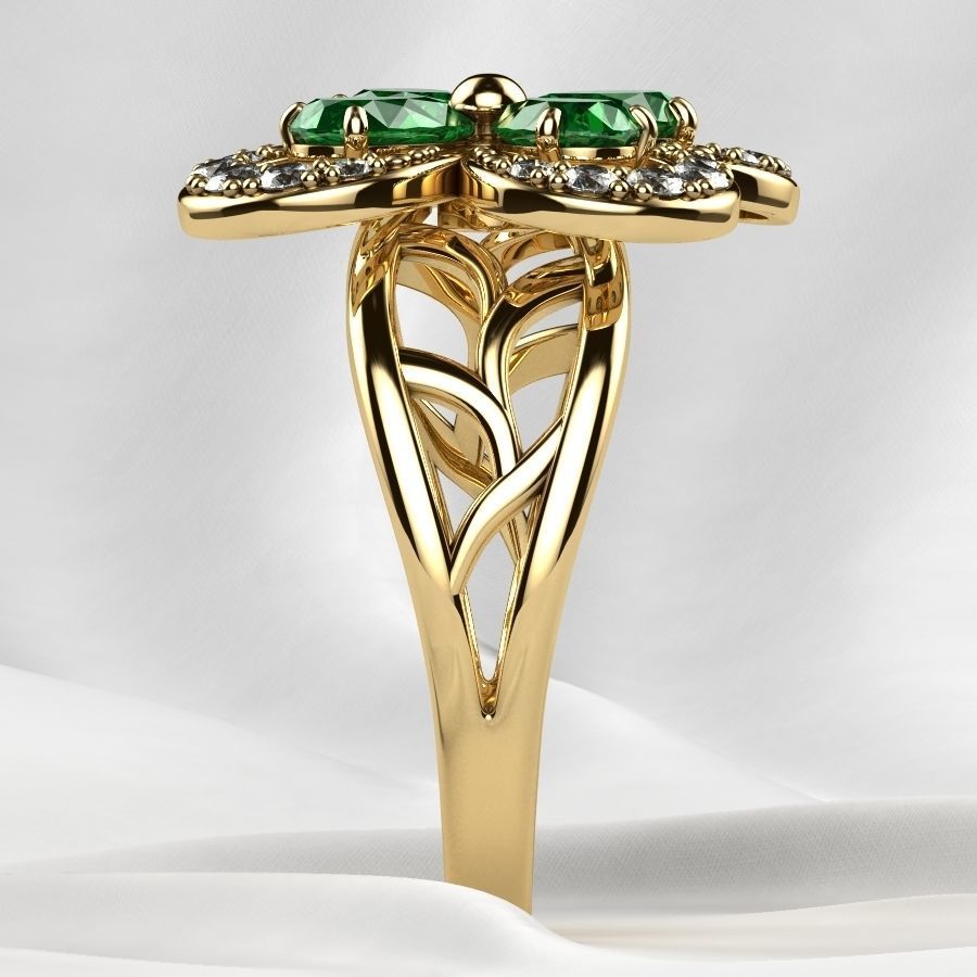 Emeralds Clover Gold Ring 3D print model_20