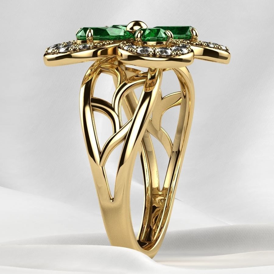Emeralds Clover Gold Ring 3D print model_19