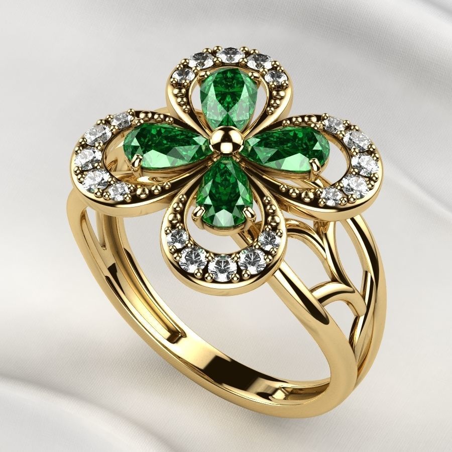 Emeralds Clover Gold Ring 3D print model_1