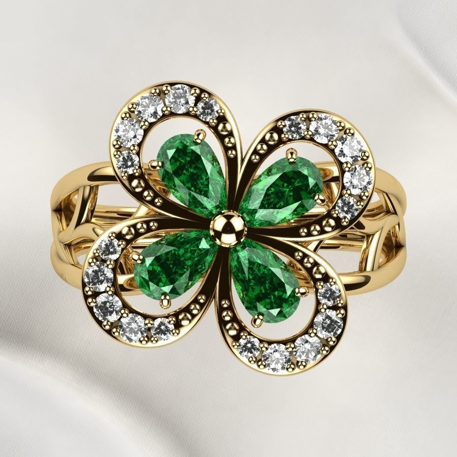Emeralds Clover Gold Ring 3D print model_13