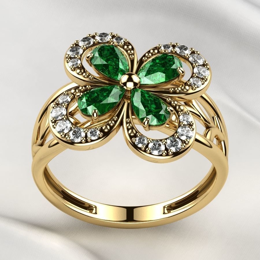 Emeralds Clover Gold Ring 3D print model_12