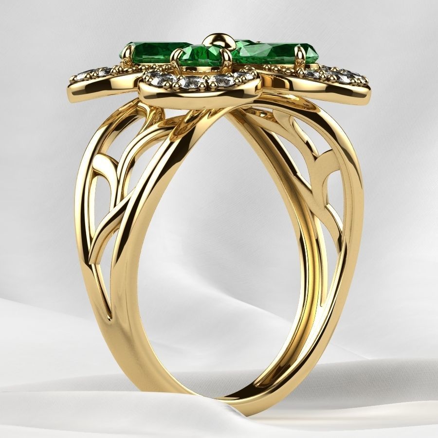 Emeralds Clover Gold Ring 3D print model_17