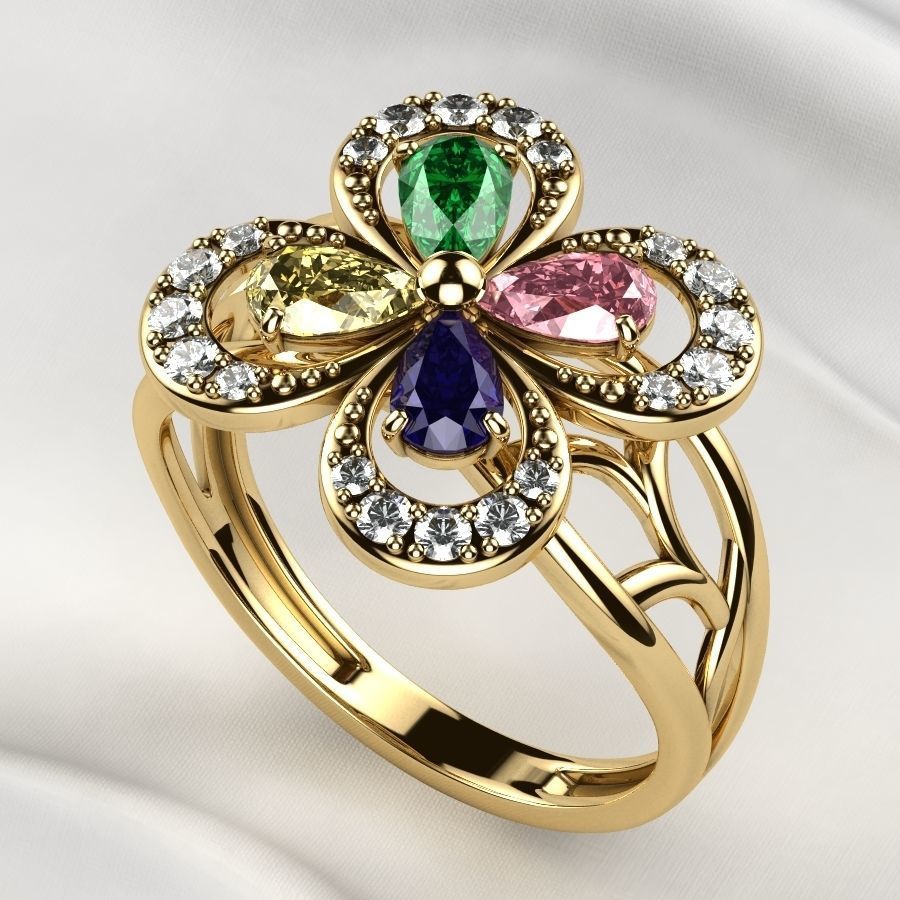 Emeralds Clover Gold Ring 3D print model_2