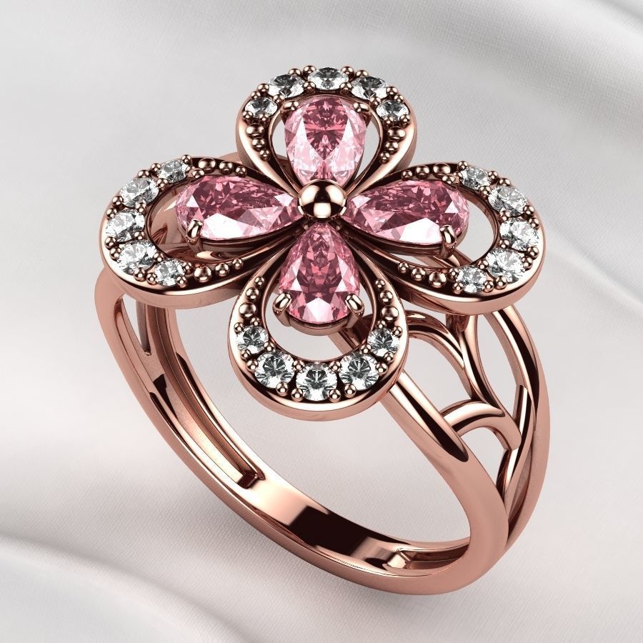 Emeralds Clover Gold Ring 3D print model_6