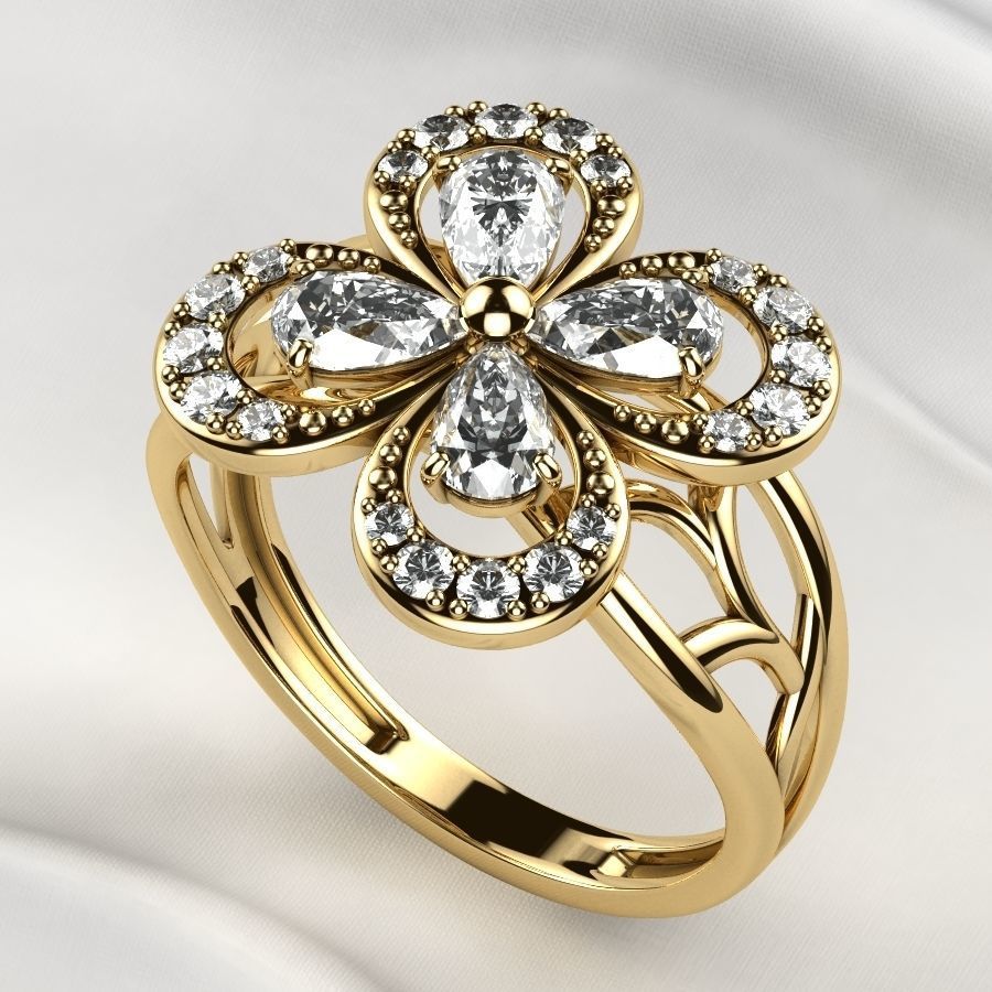 Emeralds Clover Gold Ring 3D print model_4