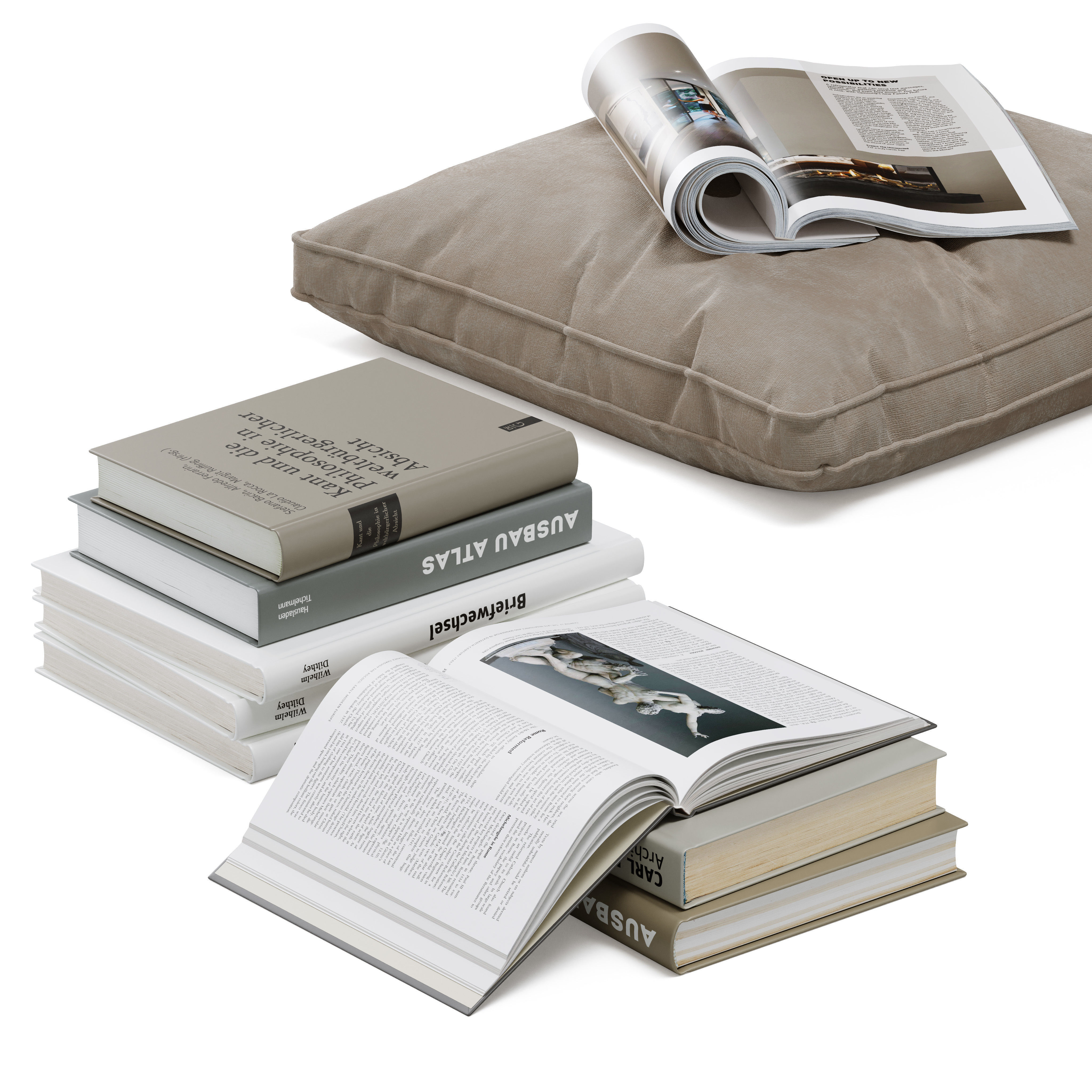 Floor decor set 001 with pouf and books 3D model_1