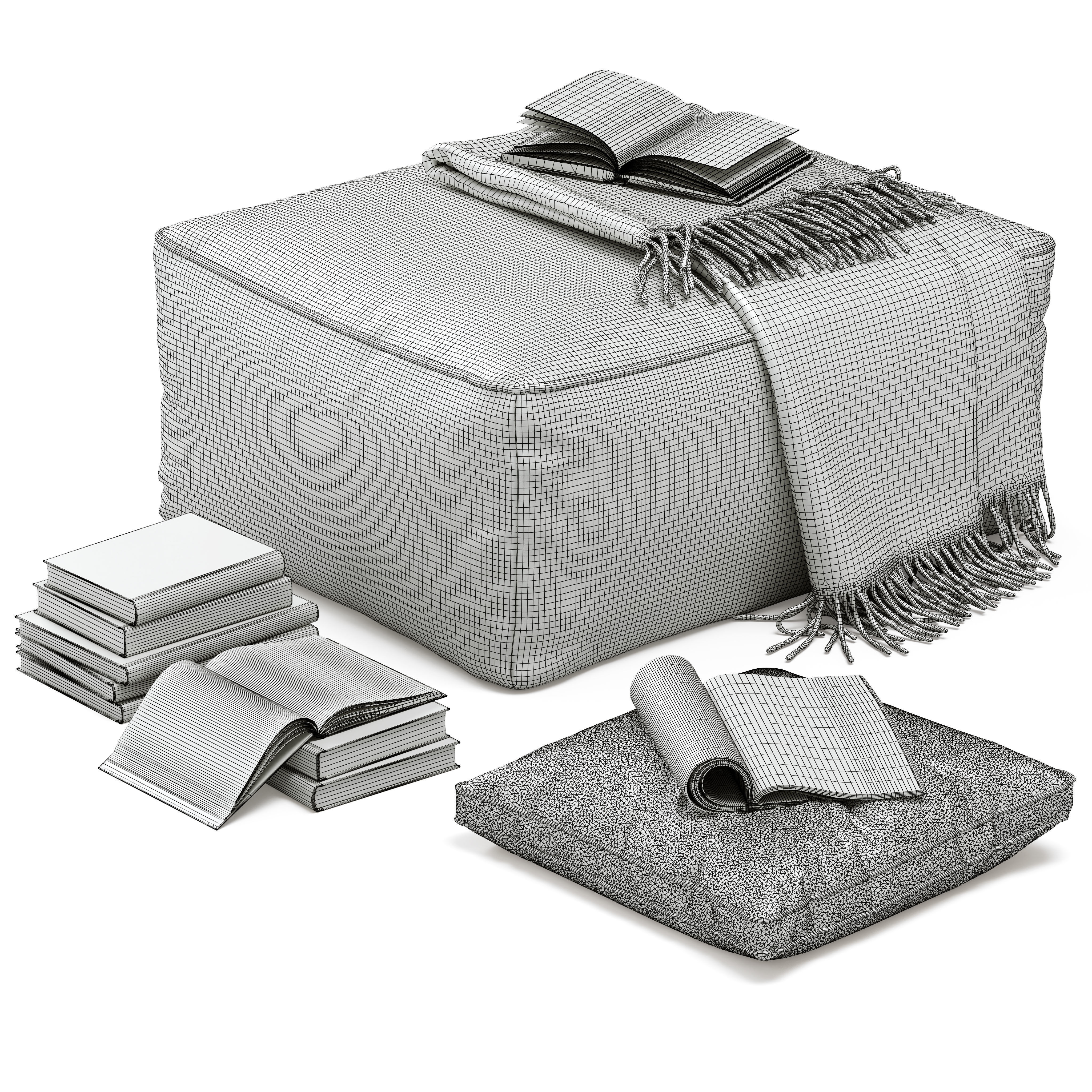 Floor decor set 001 with pouf and books 3D model_5
