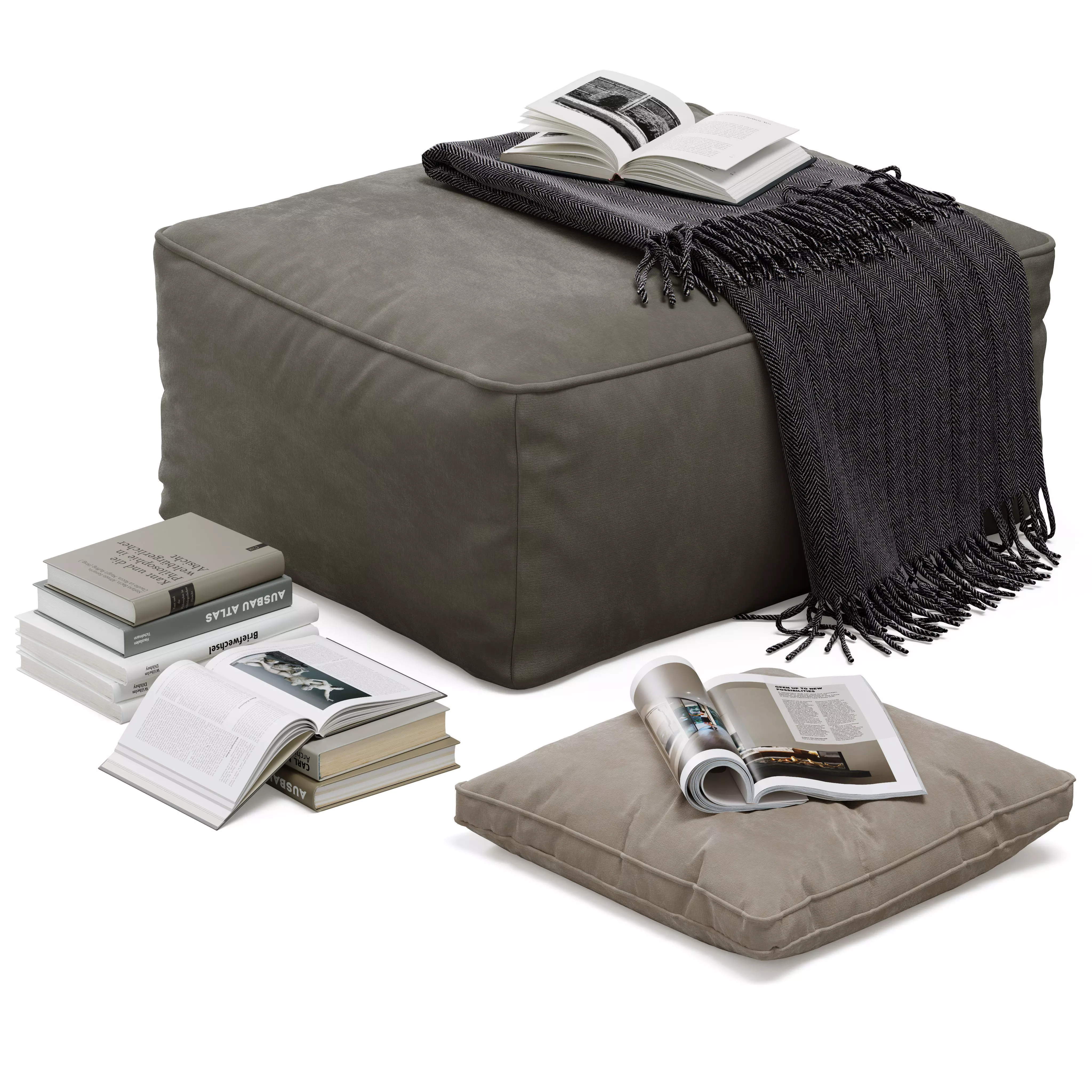 Floor decor set 001 with pouf and books 3D model_0