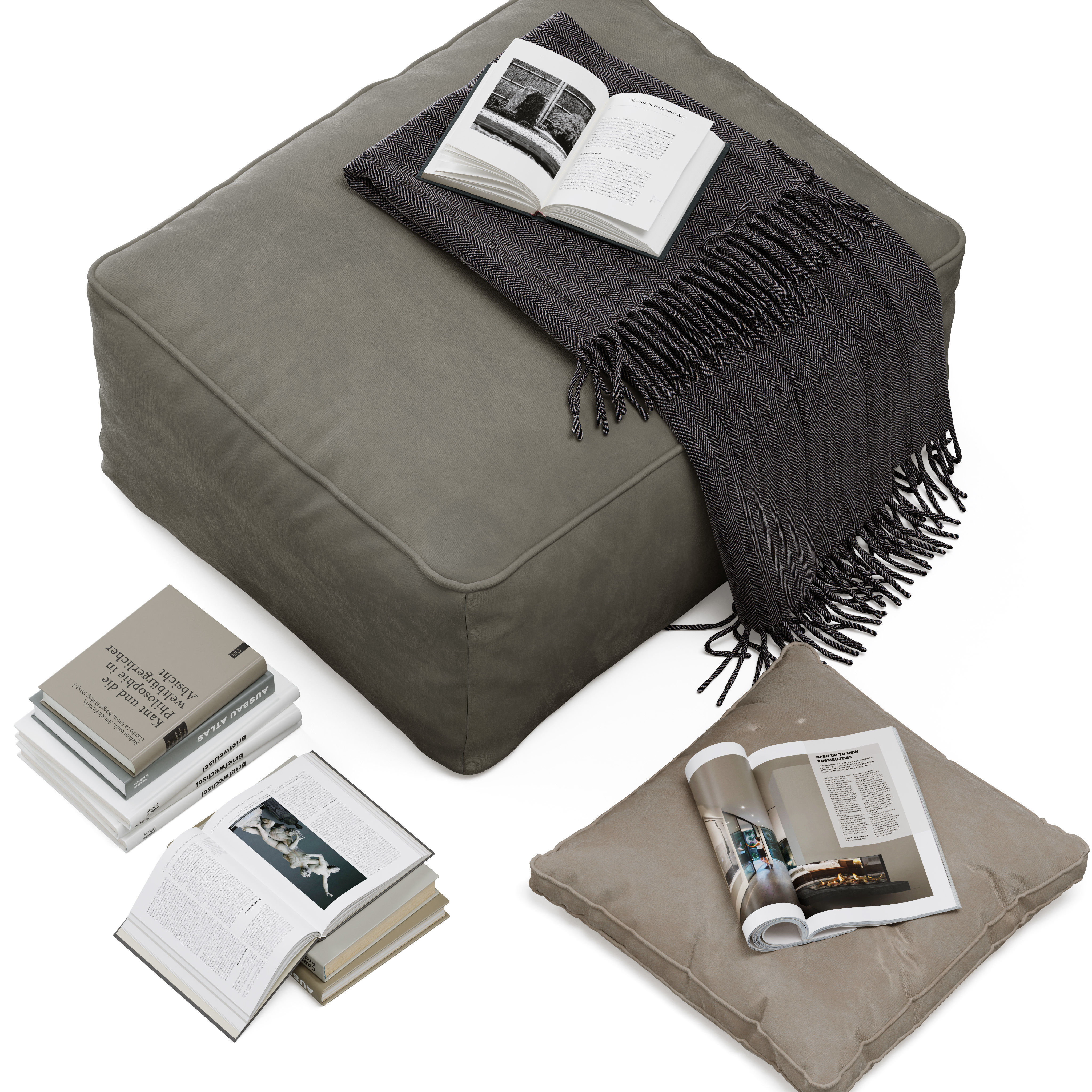 Floor decor set 001 with pouf and books 3D model_3