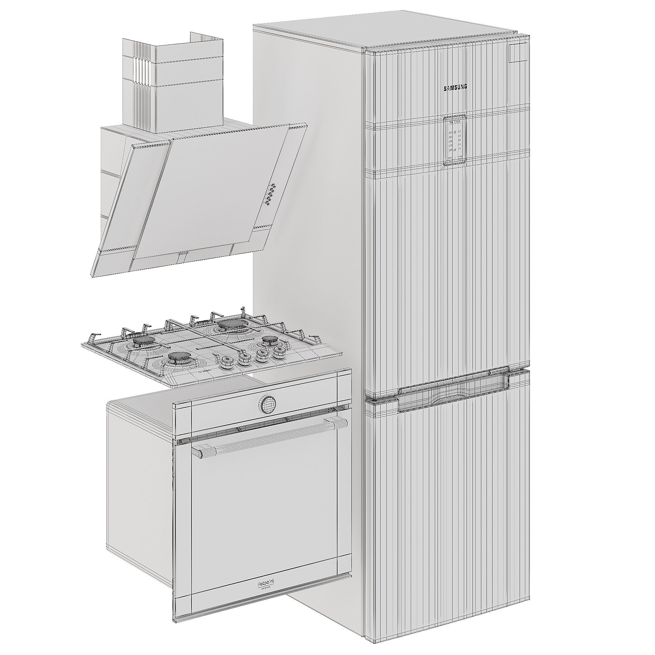 Kitchen appliances set Hood oven refrigerator hob 3D model_16