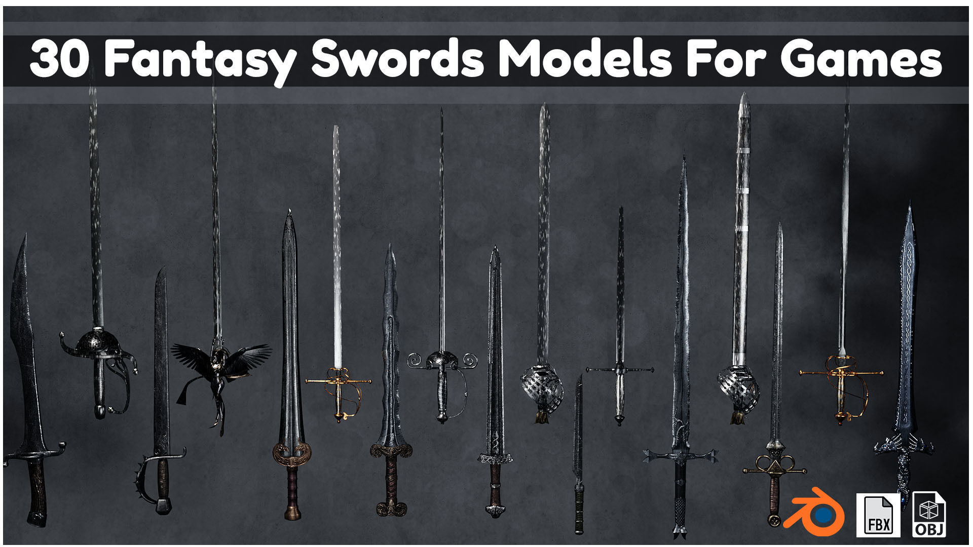 30 Fantasy Sword Models For Games with Textures Low-poly 3D model_2