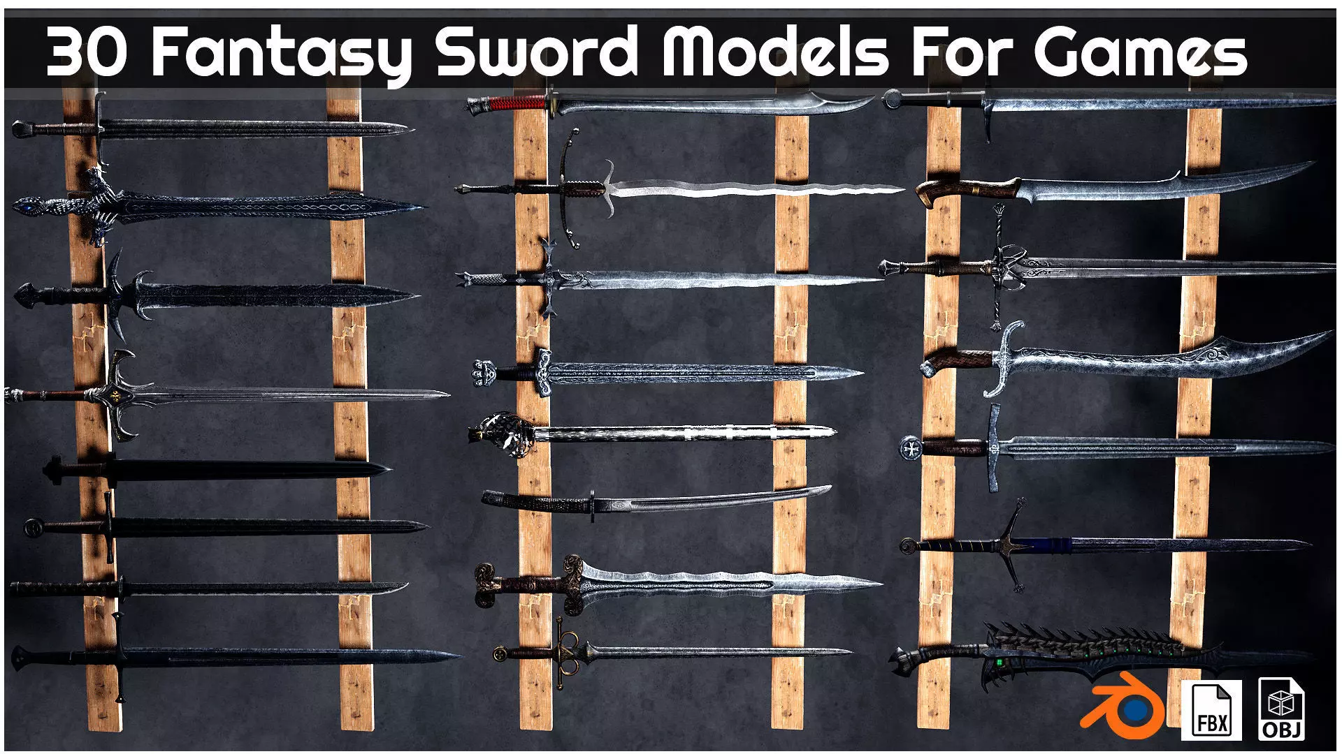 30 Fantasy Sword Models For Games with Textures Low-poly 3D model_0