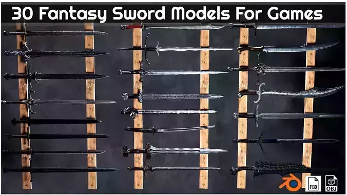 30 Fantasy Sword Models For Games with Textures