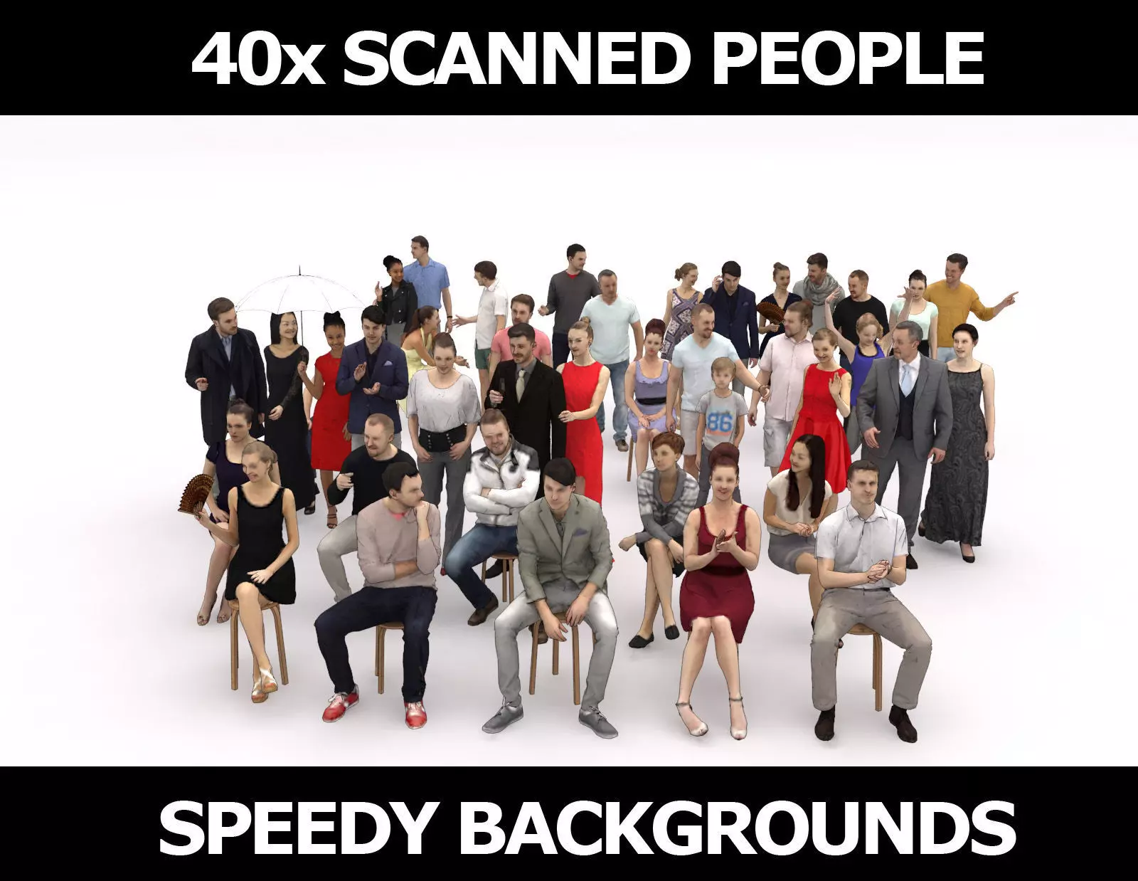 40x Crowds Scanned Summer Casual 1 Elegant Sitting People Low-poly 3D model