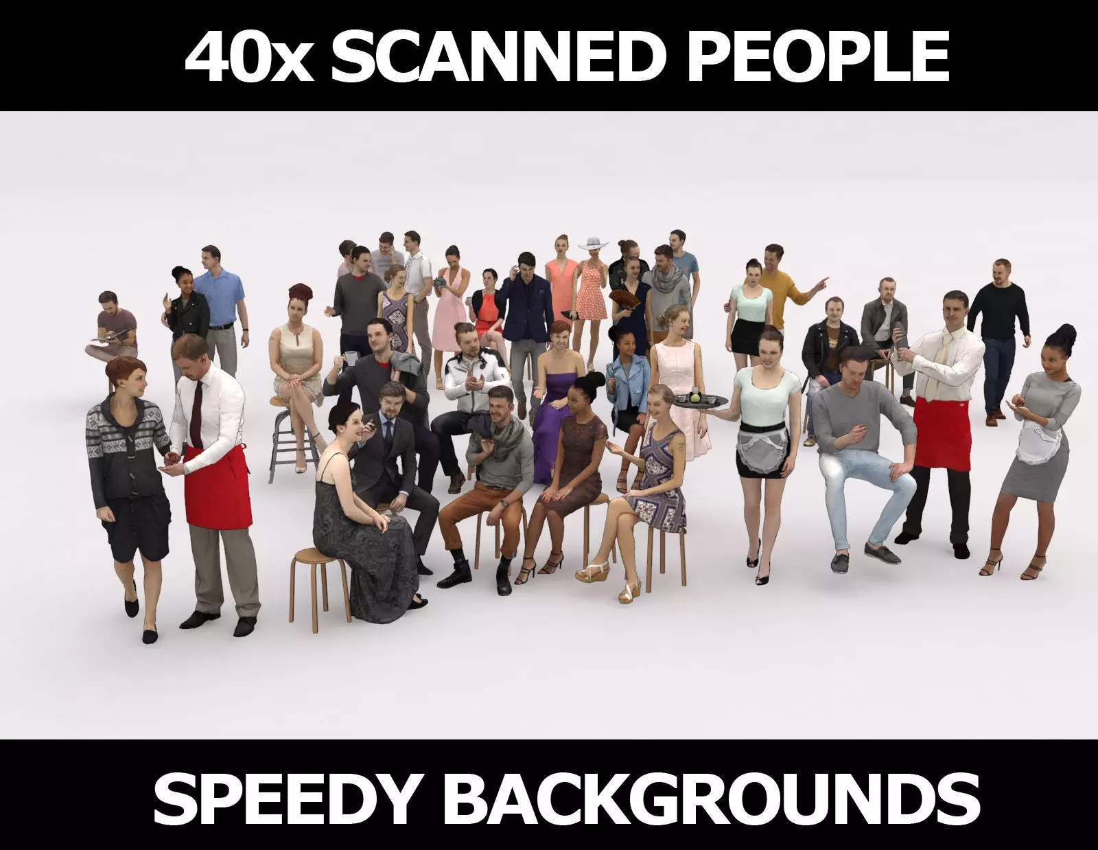 40x Crowds 19 Scanned Casual 12 Cafe Vol1and2 Sitting People Low-poly 3D model
