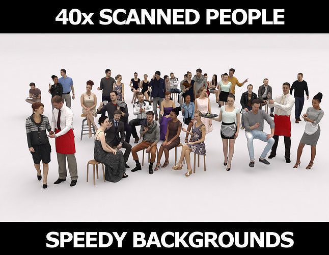  40x Crowds 20 Scanned Casual  Cafe 12 Elegant Sitting People Low-poly 3D model