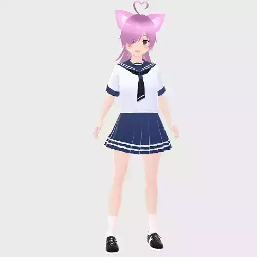 Asian Girl Cat Student Rigged T Pose Shape Keys Low-poly 3D model